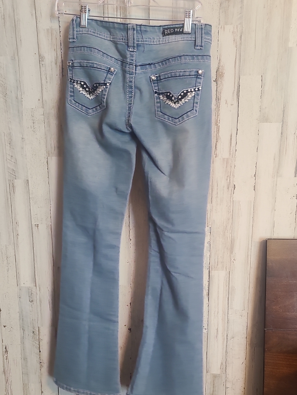 Red Rivet Light Blue Rhinestone Embellished Flare Jeans